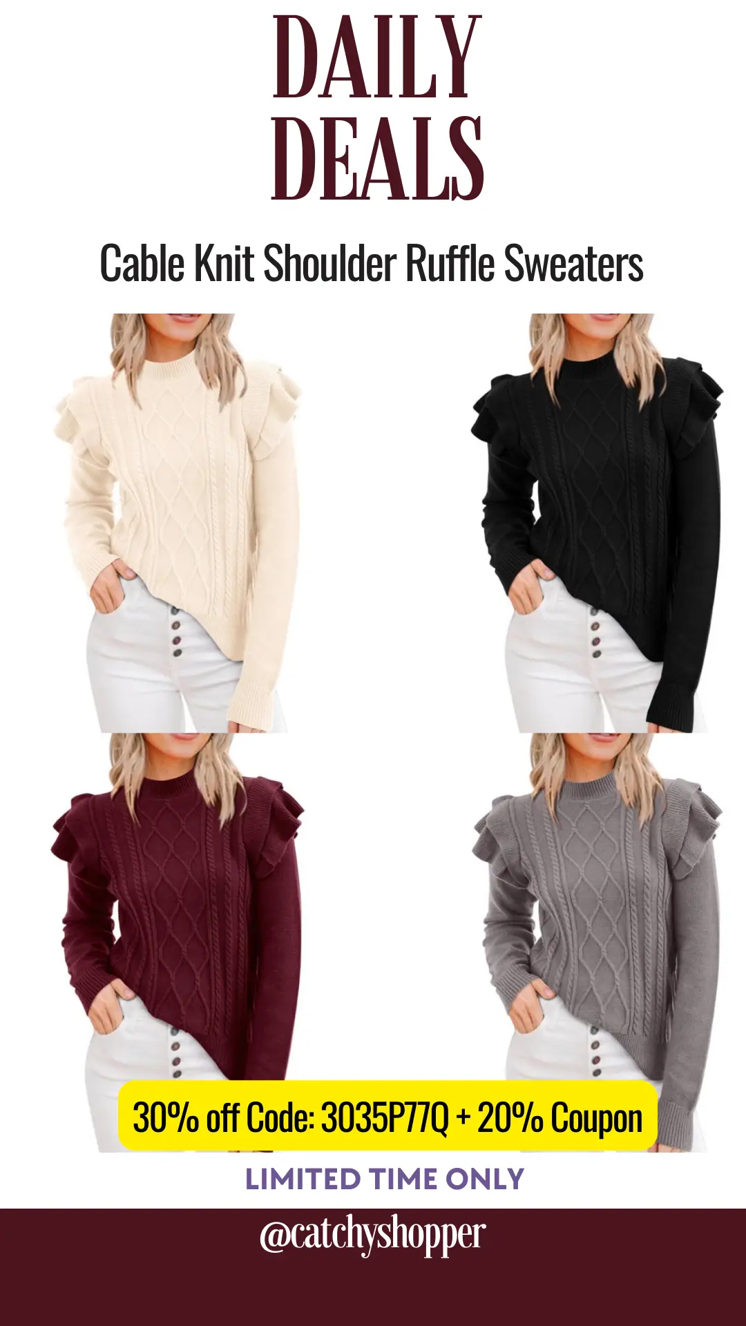 Cable Knit Shoulder Ruffle Sweaters